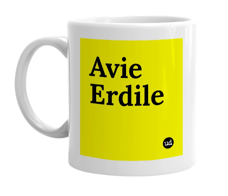 White mug with 'Avie Erdile' in bold black letters