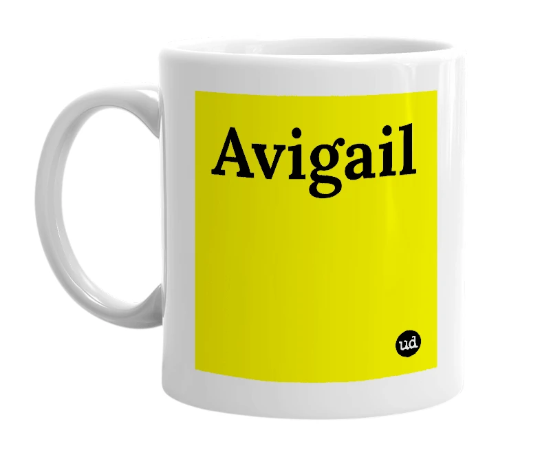 White mug with 'Avigail' in bold black letters