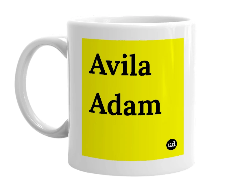 White mug with 'Avila Adam' in bold black letters