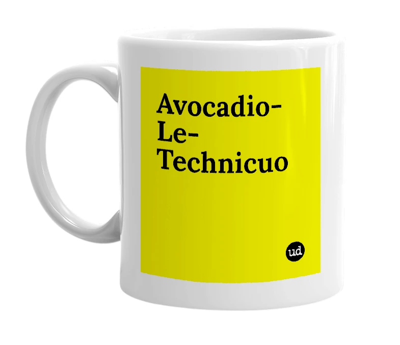 White mug with 'Avocadio-Le-Technicuo' in bold black letters