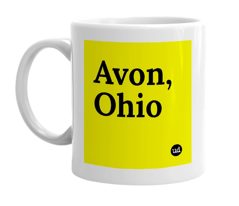 White mug with 'Avon, Ohio' in bold black letters