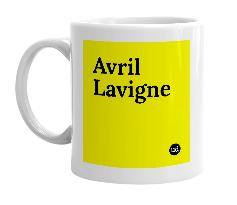 White mug with 'Avril Lavigne' in bold black letters