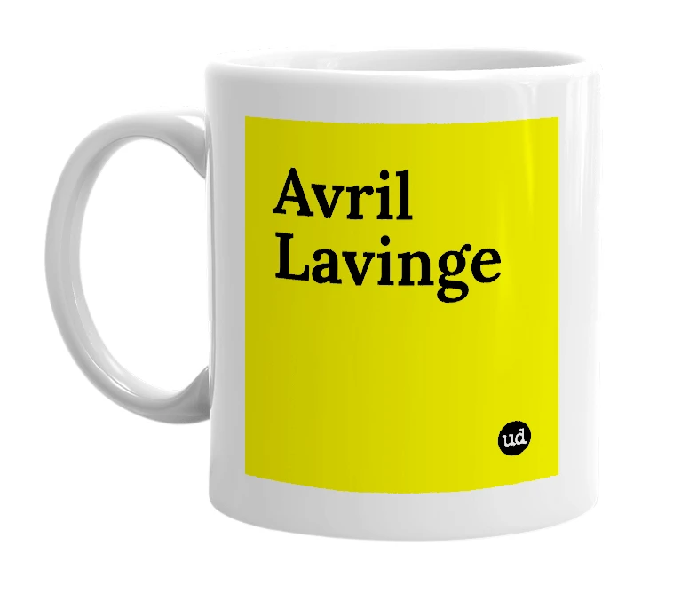 White mug with 'Avril Lavinge' in bold black letters