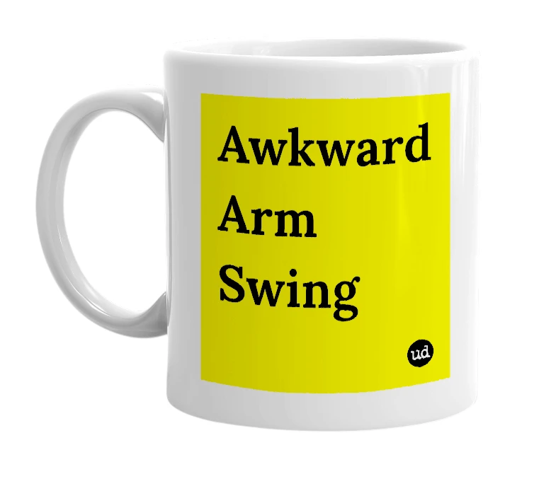 White mug with 'Awkward Arm Swing' in bold black letters