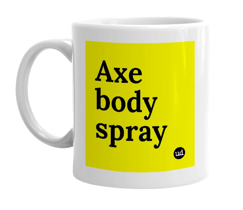 White mug with 'Axe body spray' in bold black letters