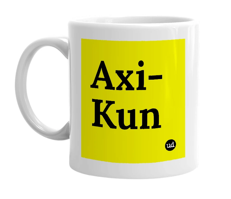 White mug with 'Axi-Kun' in bold black letters