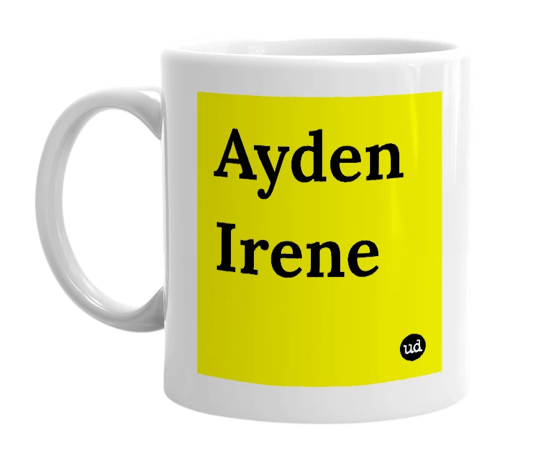 White mug with 'Ayden Irene' in bold black letters