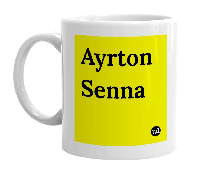 White mug with 'Ayrton Senna' in bold black letters