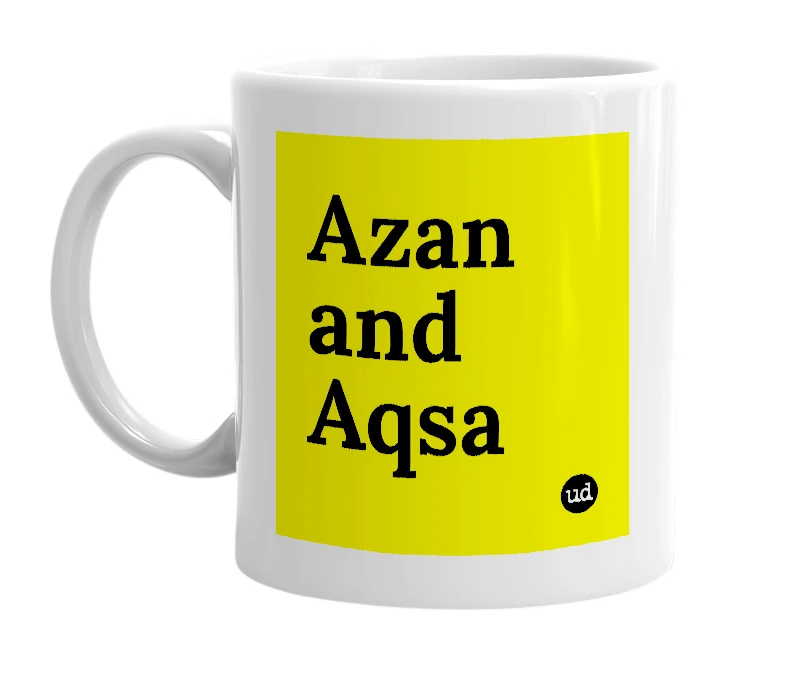 White mug with 'Azan and Aqsa' in bold black letters