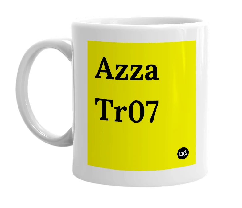 White mug with 'Azza Tr07' in bold black letters
