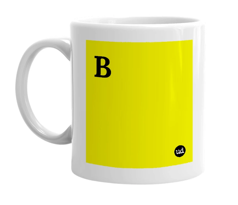 White mug with 'B' in bold black letters