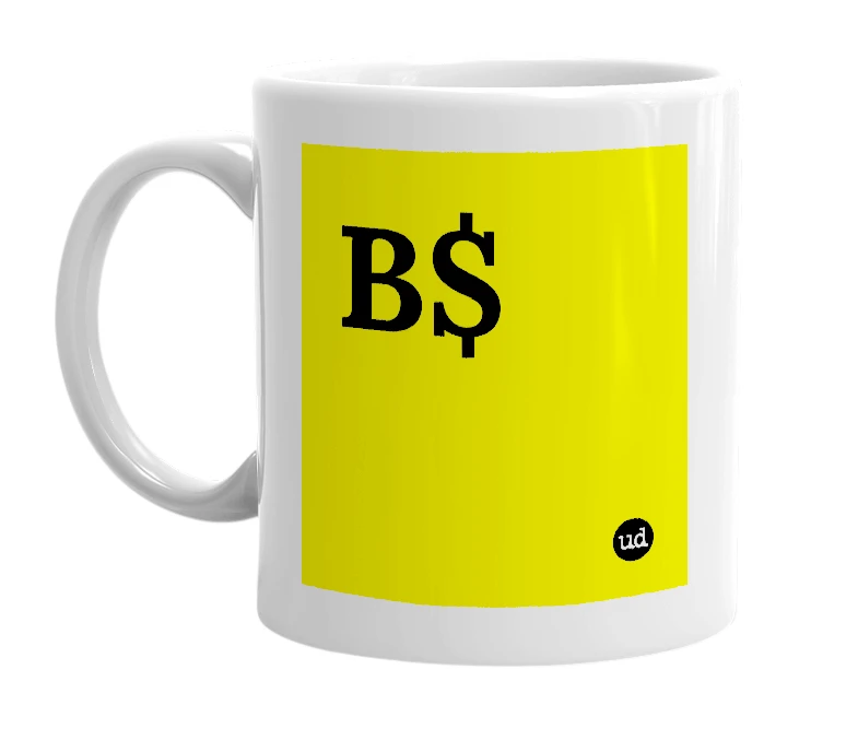 White mug with 'B$' in bold black letters