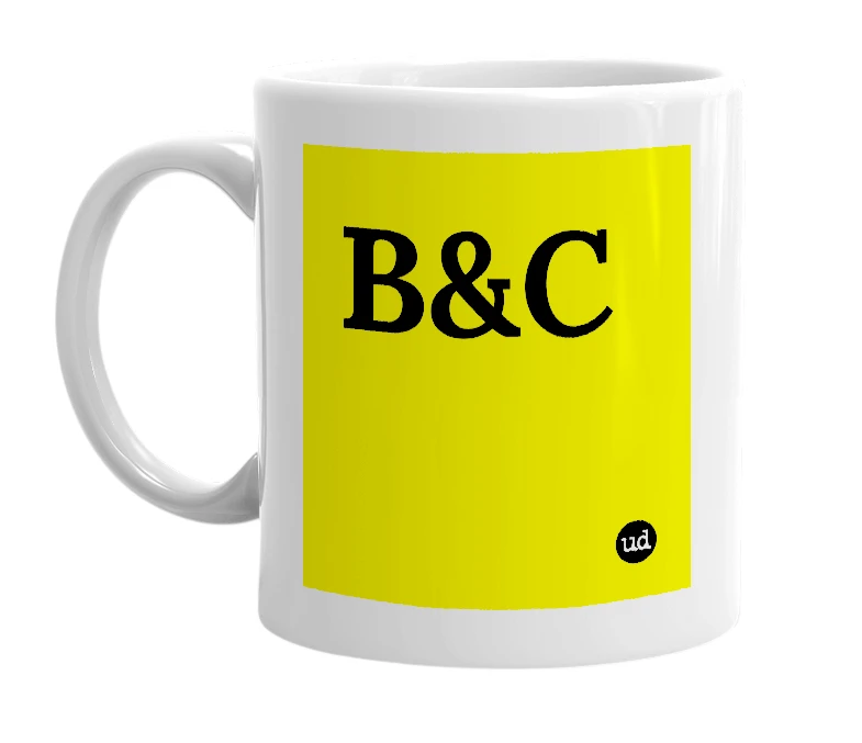 White mug with 'B&C' in bold black letters