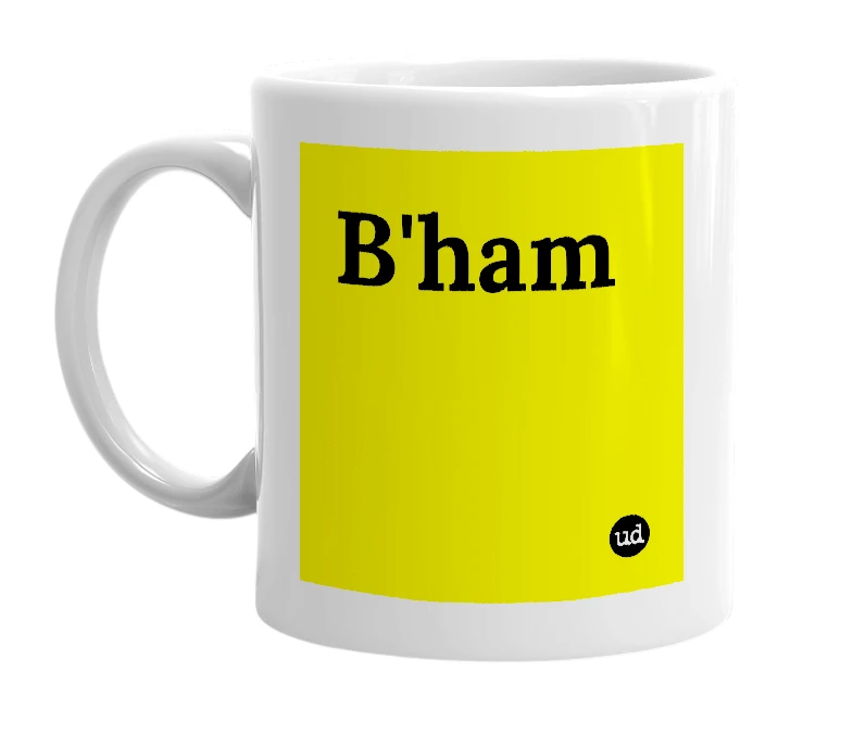 White mug with 'B'ham' in bold black letters