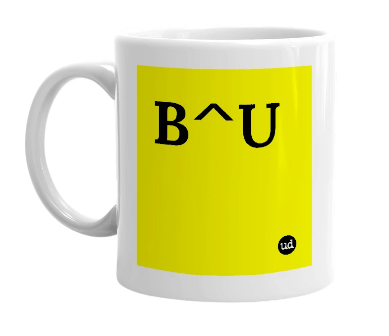 White mug with 'B^U' in bold black letters