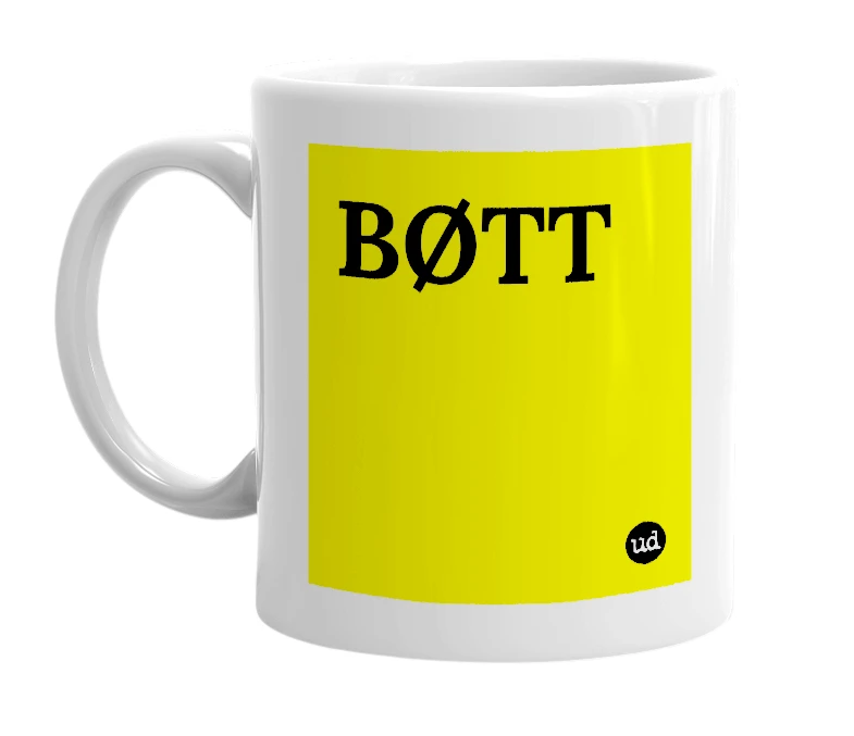 White mug with 'BØTT' in bold black letters