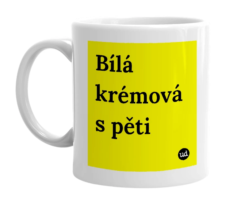 White mug with 'Bílá krémová s pěti' in bold black letters