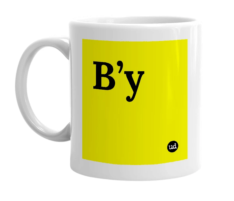 White mug with 'B’y' in bold black letters