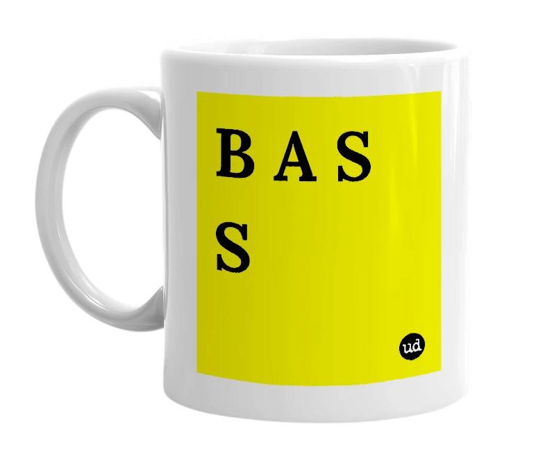 White mug with 'B A S S' in bold black letters