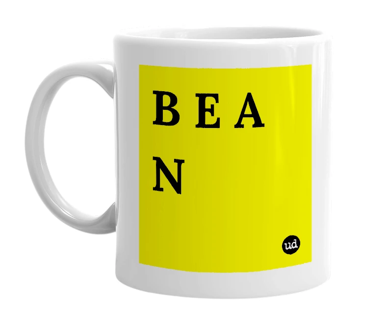 White mug with 'B E A N' in bold black letters