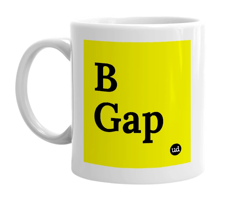 White mug with 'B Gap' in bold black letters