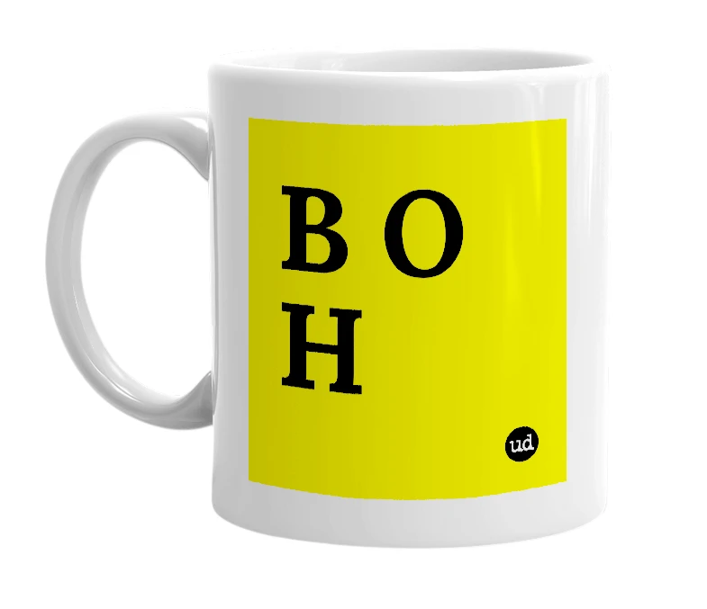 White mug with 'B O H' in bold black letters