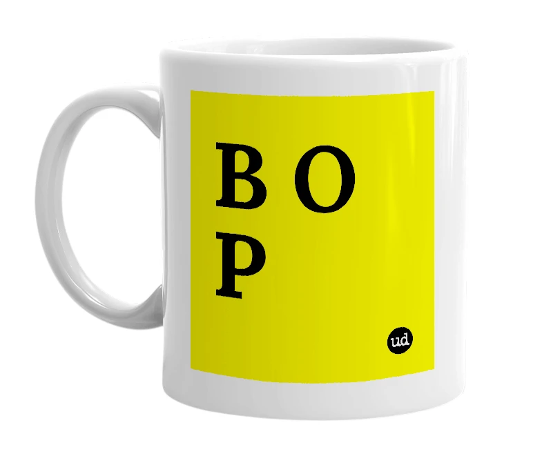 White mug with 'B O P' in bold black letters