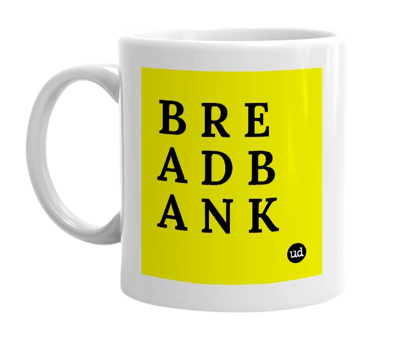 White mug with 'B R E A D B A N K' in bold black letters