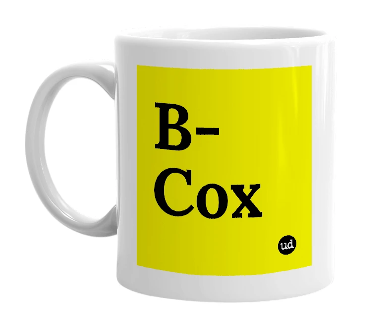 White mug with 'B-Cox' in bold black letters