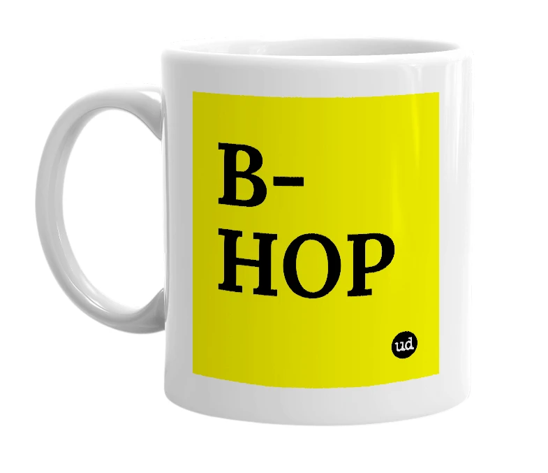 White mug with 'B-HOP' in bold black letters