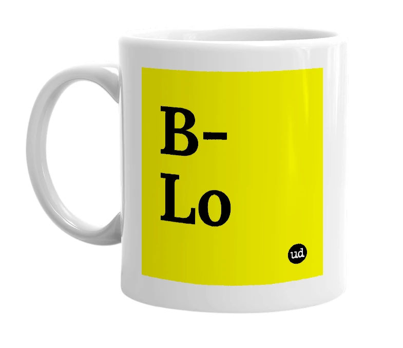 White mug with 'B-Lo' in bold black letters