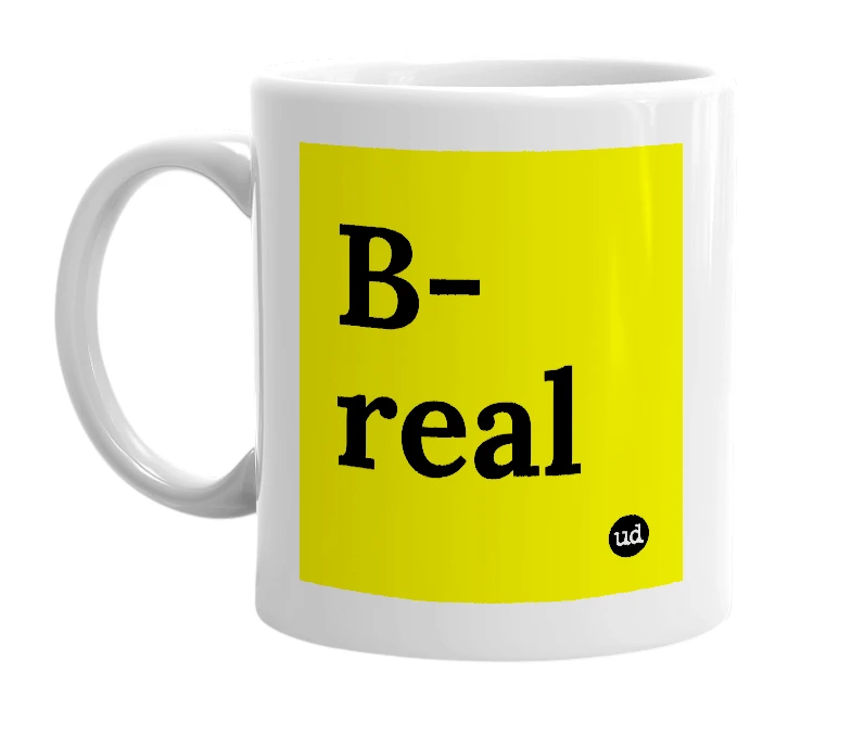 White mug with 'B-real' in bold black letters