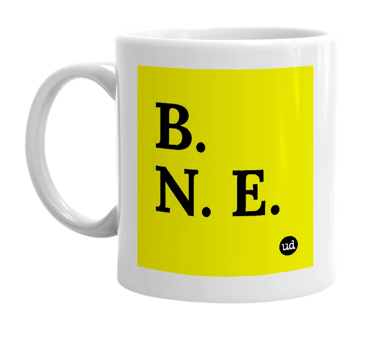 White mug with 'B. N. E.' in bold black letters