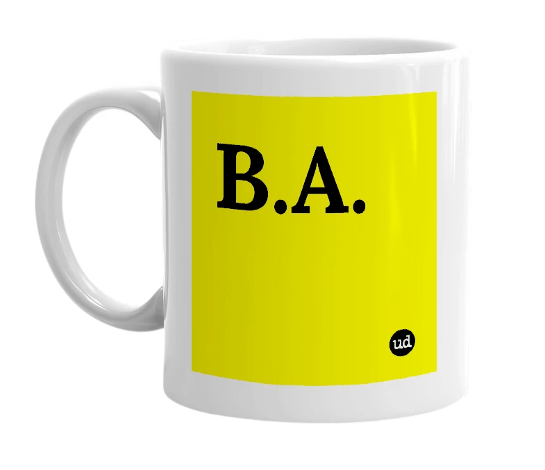 White mug with 'B.A.' in bold black letters