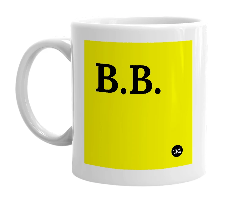 White mug with 'B.B.' in bold black letters