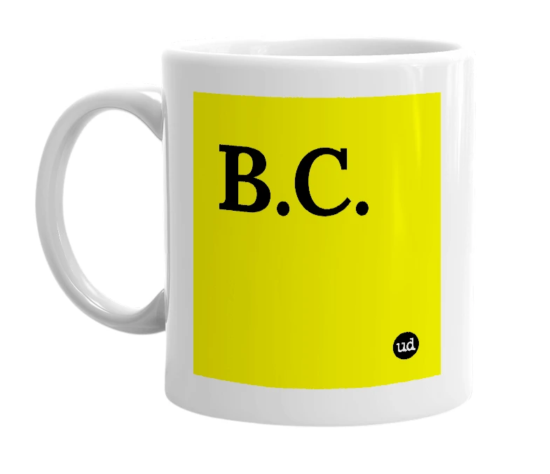 White mug with 'B.C.' in bold black letters