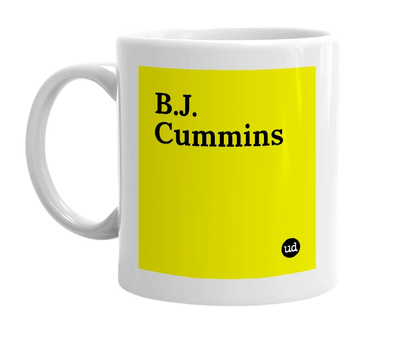 White mug with 'B.J. Cummins' in bold black letters