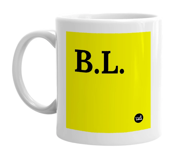 White mug with 'B.L.' in bold black letters