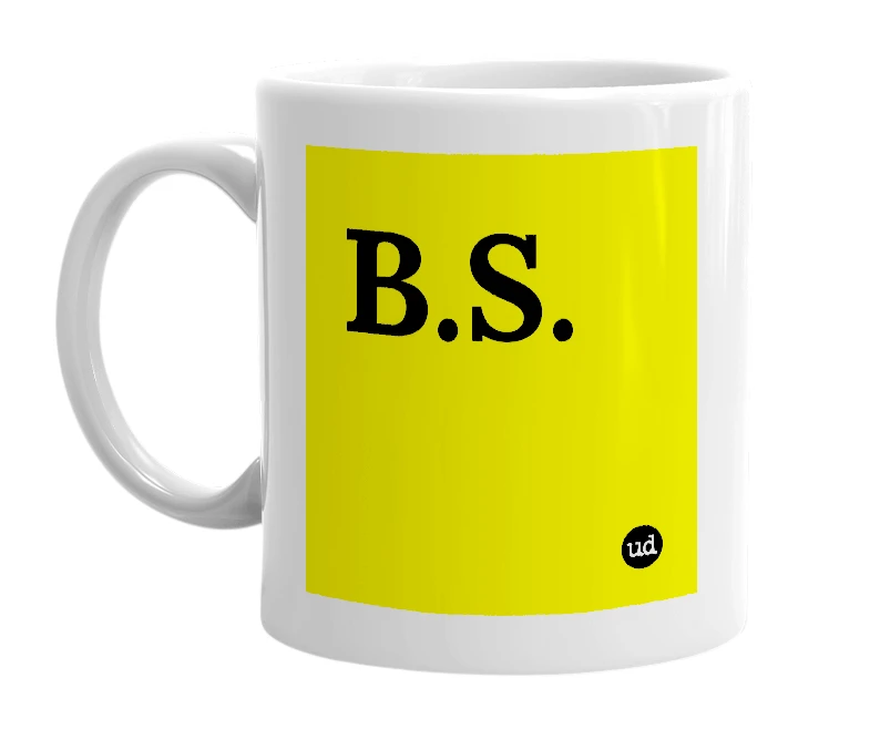 White mug with 'B.S.' in bold black letters