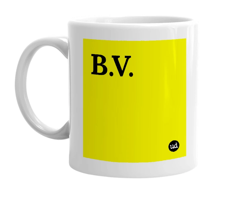 White mug with 'B.V.' in bold black letters