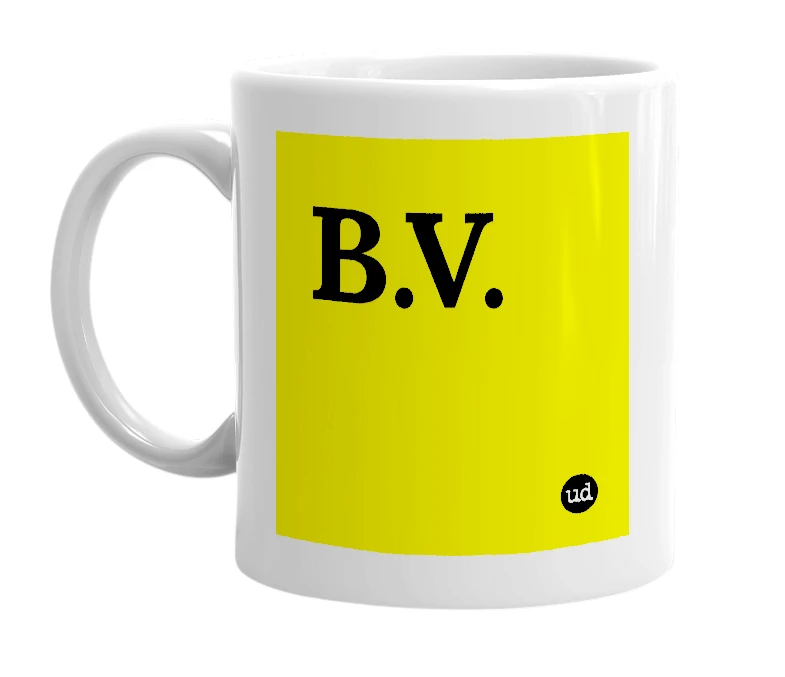 White mug with 'B.V.' in bold black letters