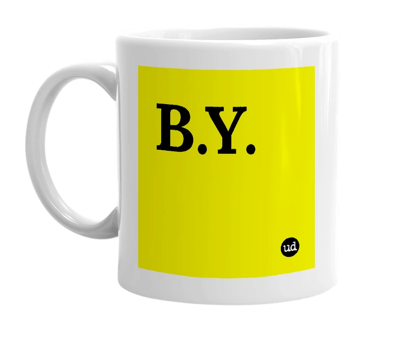 White mug with 'B.Y.' in bold black letters