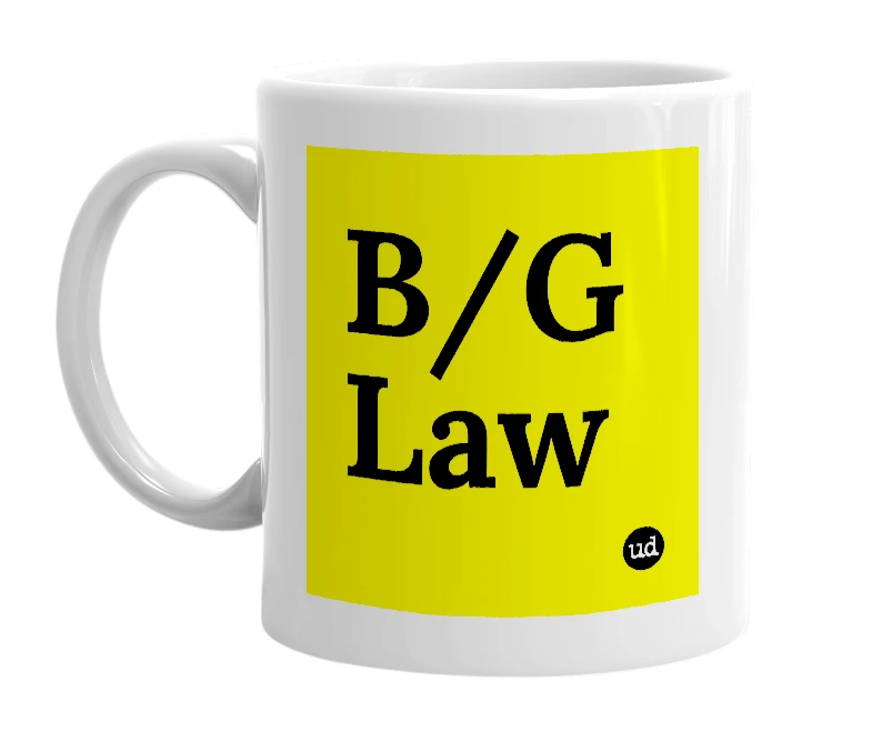 White mug with 'B/G Law' in bold black letters