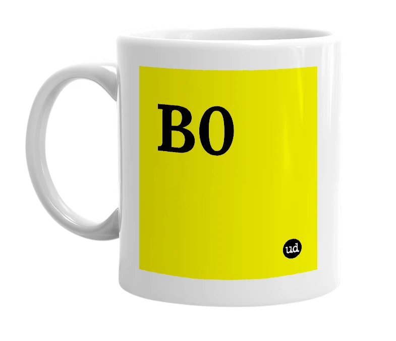 White mug with 'B0' in bold black letters