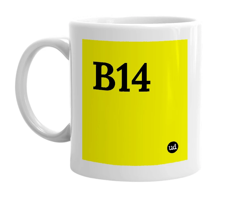 White mug with 'B14' in bold black letters