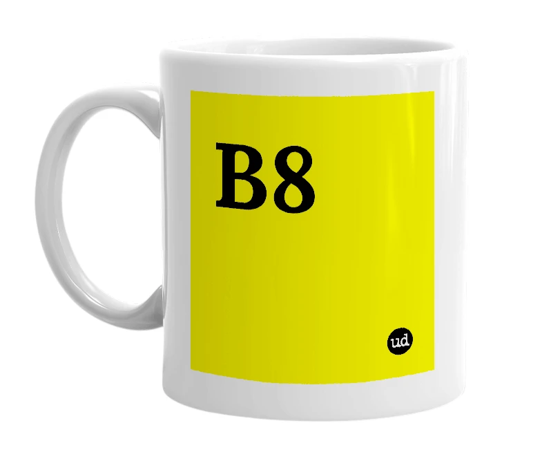 White mug with 'B8' in bold black letters
