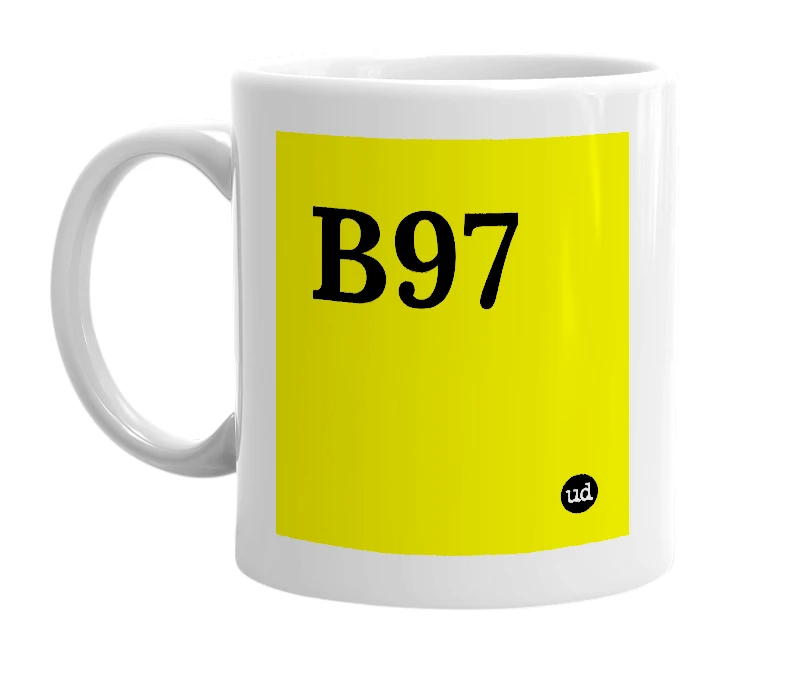 White mug with 'B97' in bold black letters