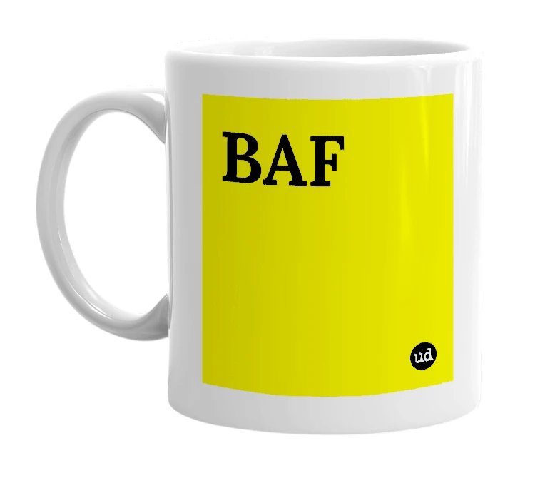 White mug with 'BAF' in bold black letters