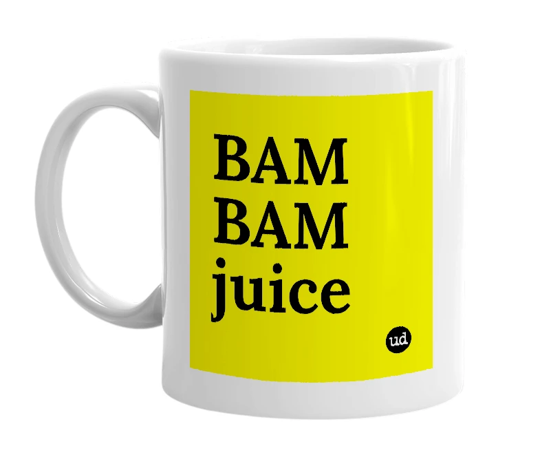 White mug with 'BAM BAM juice' in bold black letters