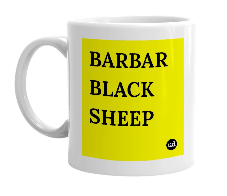 White mug with 'BARBAR BLACK SHEEP' in bold black letters